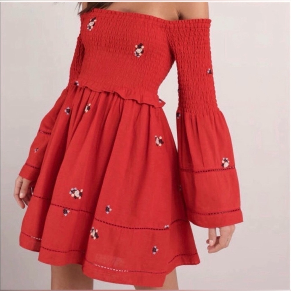 Free People Counting Daisies Red Embroidered Ruffle Dress Size XS fits